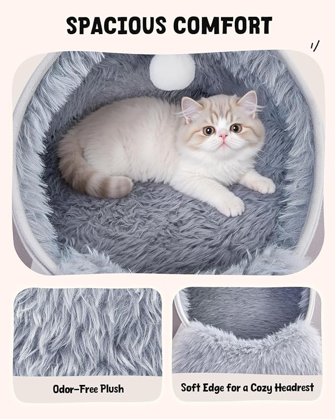 BurgeonNest 20-Inch Round Cat Bed Cave, Enclosed Hooded Pet House for Indoor Kittens, Anti-Collapse EVA Shell with Cord Access for Heating Pad, Washable Soft Plush, Grey