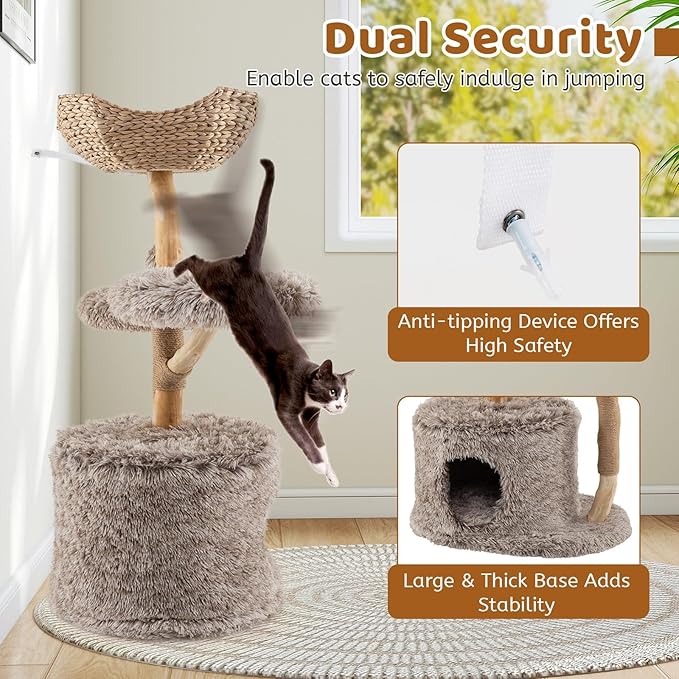 PETSITE 41.5 Inch Wood Cat Tree, Multi-Level Real Pear Wood Modern Cat Tower with Jute Scratching Posts, Dangling Ball, Cozy Top Cattail Perch, 2 Jumping Platforms, Cat Condo, Soft Long Plush Covered