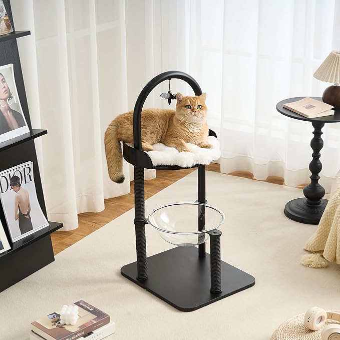34" Modern Cat Tree Furniture, Minimalist Metal Frame Cat Tower with Wood Platforms, Washable Cushion & Scratching Post, Stylish Cat Condo for Indoor Cats, Classic Black