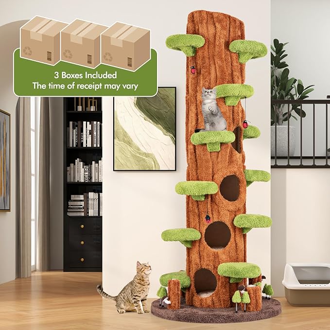 PETSITE 90.5 Inch Tall Cat Tree, Tree-Like Modern Cat Tower with Sisal Scratching Pad, Five Cat Condos, Cute Hanging and Spring Toys, Large Cat Tree Tower for Indoor Cats (Brown)