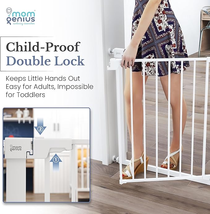 Pressure Mounted Baby Gate for Stairs, Extra Wide 29-40.5 Inch Adjustable, Auto-Close, Double Lock, 29.9" Tall Metal Dog Gates for Doorways, Kitchen & Hallways, CPC & CE Certified, White