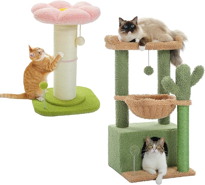 PEQULTI 4-in-1 Cactus Cat Tree, 33'' Cat Tower for Indoor Cats & Flower Cat Scratching Post, Small Cat Tree, Tall Cat Scratcher