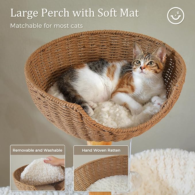 PETEPELA Modern Cat Tree Tower for Indoor Large Cats w/Removable Flower Perch, Real Solid Wood Cat Scratching Posts, Boho Ratten Cat Furniture w/Cozy Condo & Wicker Basket Bed, White