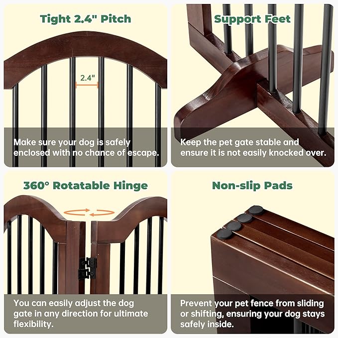 PrimeZone 96" Wide Dog Gate with Door - 30" Tall 4-Panel Solid Acacia Wooden Freestanding Puppy Gates, Foldable Indoor Pet Fence for Doorways, Stairs, Support Feet Included, Brown