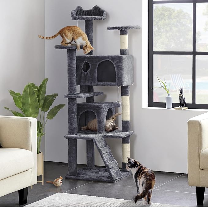 Topeakmart 61in Cat Tree for Indoor Cats, Cat Tower with Scratching Posts Spacious Perch & Platform for Kittens, Dark Gray
