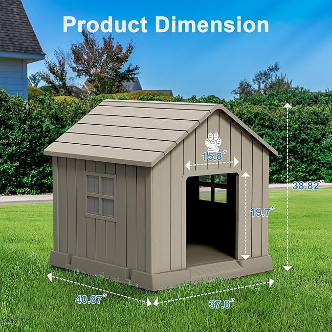 Dog House Indoor Outdoor for Small to Large Sized Dogs Resin Outdoor Dog House with Ventilation Puppy Shelter with Elevated Floor, Easy to Assemble, Blue