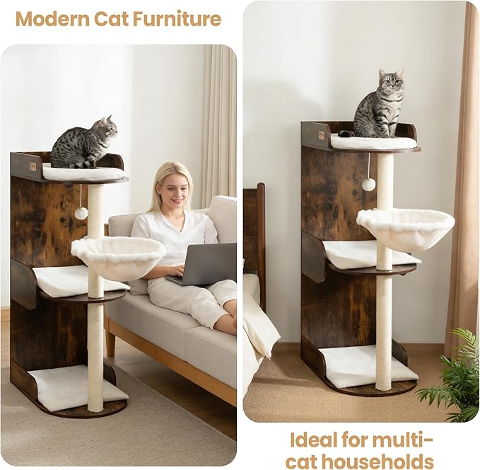 cfor Indoor Large Cats, Cat Scratching Posts with Big Perch Bed, Wooden Cat Condo with Hammock, Removable Pads, Kitty Furniture, Rustic Brown
