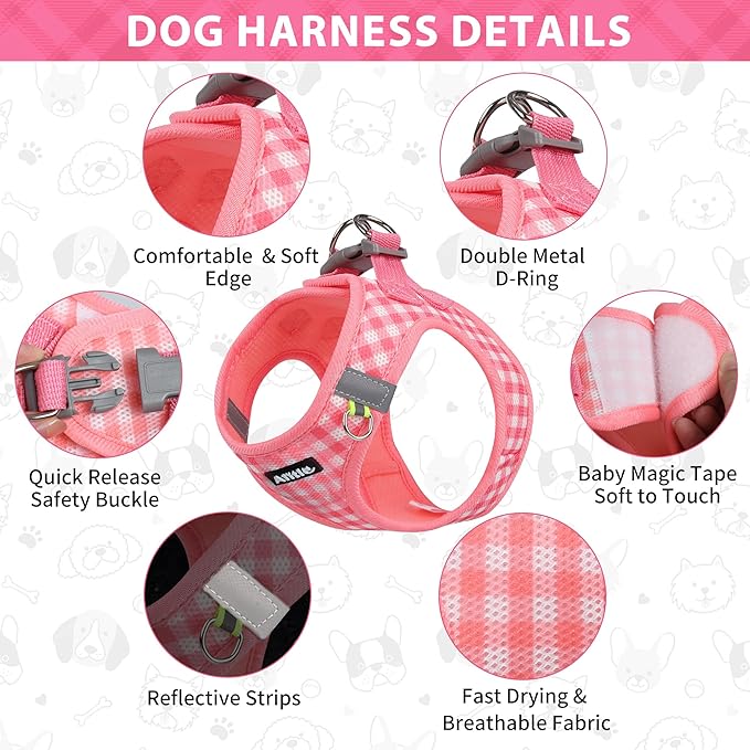 AIITLE No-Pull Pet Harness with a Leash, Plaid Comfort Padded Vest, Step in Dog Harness, Reflective Bands, Soft Breathable Pet Supplies, for Small and Medium Dogs and Cats Watermelon S