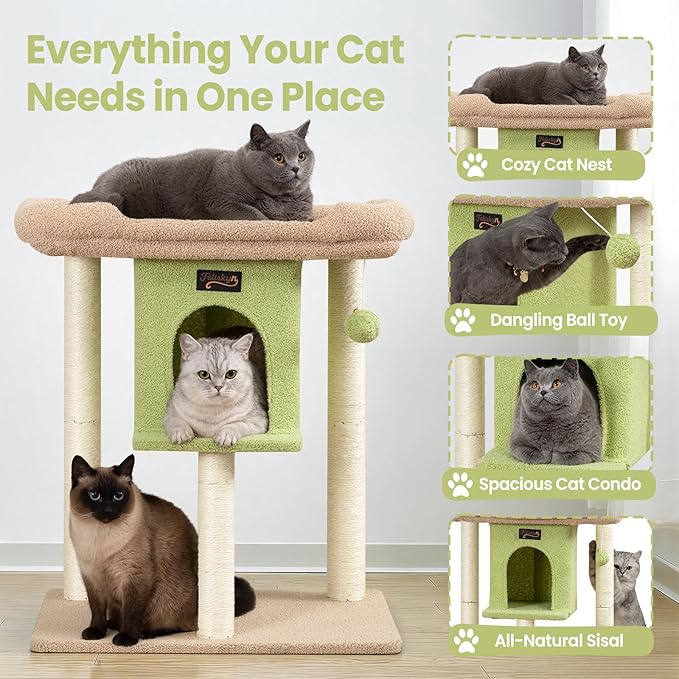 Cat Tree Tower Scratching Post for Indoor Large Cats, Small Cat Tree with Big Perch Bed, 28in Tall Trees House with Condo Cave, Toy Balls, Modern Climbing Furniture Platform for Kitten (Green)