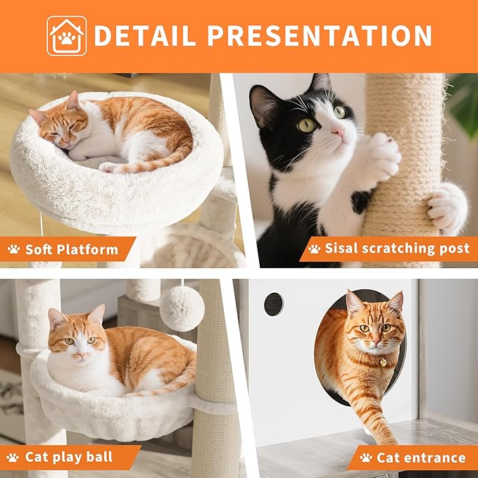 Wooden Cat Tree with Hidden Litter Box Cabinet,Scratching Posts, Teaser Sticks, Basket & Perch, Barn Door Design,Stylish Washroom Cabinet Cat Furniture for Indoor Cats,Rustic Grey