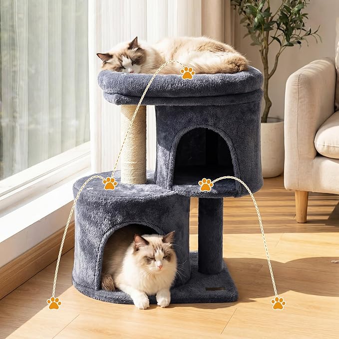 PETSITE 26-inch Small Cat Tree, with Sisal Scratching Post, Double Comfy Condos, and Spacious Top Perch, Ideal for Indoor Cats and Kittens (Dark Grey)