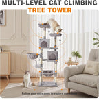 Large Cat Tree 71 Inch, Multi-Level Tall Cat Tree Tower with Condo, Perches, Sisal Scratching Posts and Hammock, Pet Play House with Dangling Balls for Indoor Cats, Light Grey
