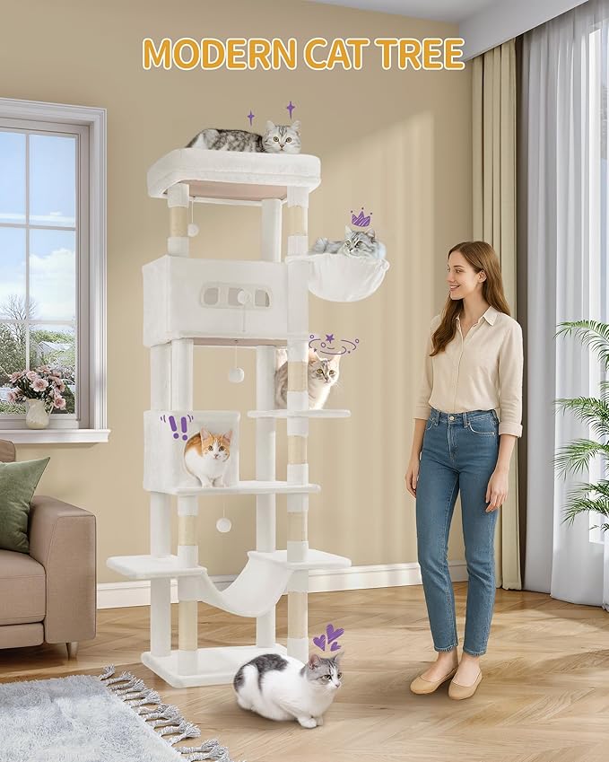 Cat Tree, 82.6" Large Cat Tower for Indoor Cats, Multi-Level Cat House with Condo, 8 Scratching Posts, Hammock, 4 Pom Poms, White MS21018WT