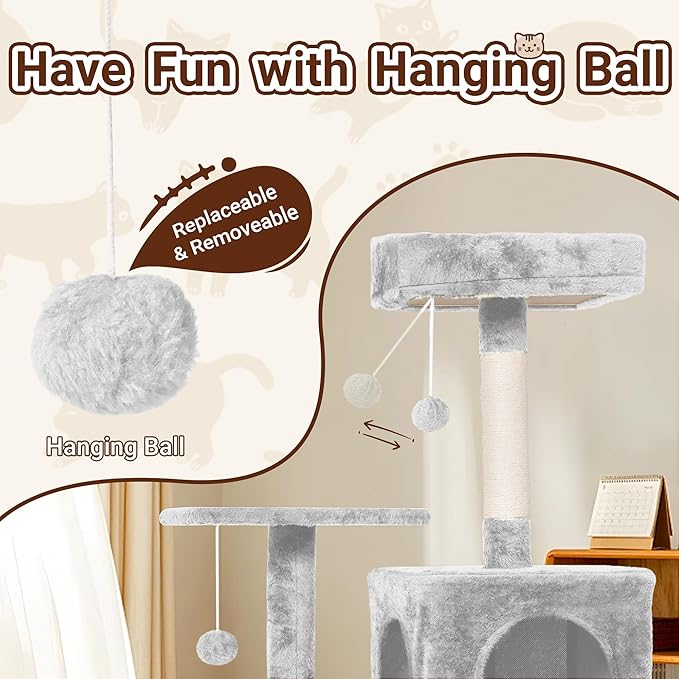 Cat Tree, 54-Inch Cat Tower for Indoor Cats,Plush Multi-Level Cat Condo with Scratching Posts, Basket, Perches (Light Grey01)