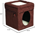 MidWest Homes for Pets Feline Nuvo Curious Cat Cube, Foldable Pet Hideout with Toy, Bolstered Bed Top, Faux Brown Suede, Synthetic Sheepskin