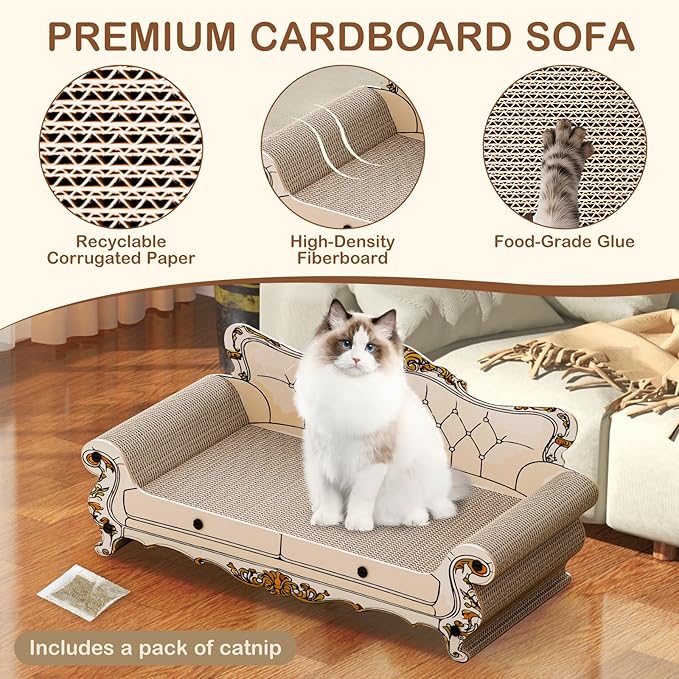 Cat Scratcher Bed,Sofa-Shaped Cat Scratcher Couch, Large Luxury Durable Cardboard Sofa Scratcher Pad Furniture Protector for Indoor Cats Scrach,Rest and Play,23.6 Inches,Beige