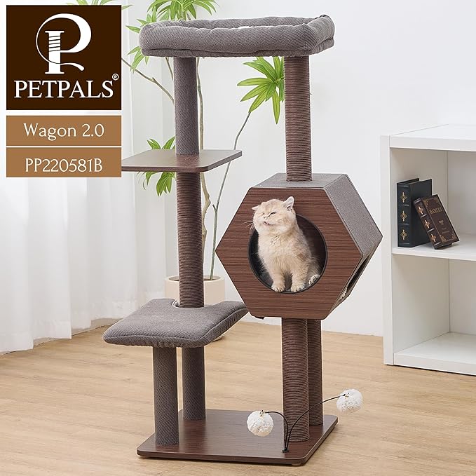 PetPals 5-Level 46.4” Mid-Century Modern Cat Tree with Hexagon Condo, Replaceable Recycled Paper Rope Scratchers, Washable Bed&Toys, Quick Assembly, Ideal for Medium Cats,Dark Brown