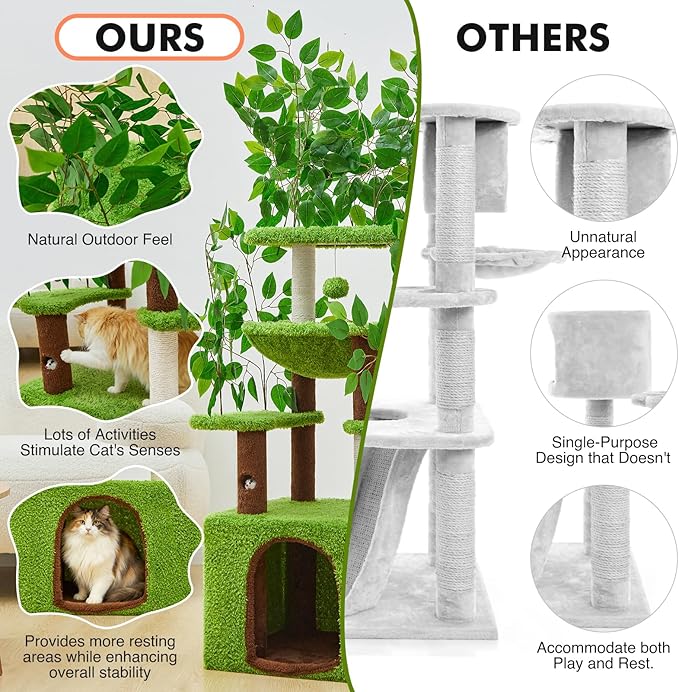 60 inch Cat Tree with Leaves for Climbing, Hiding and Sleeping Cat Tower with Hammock, Scratching Post and Large Cat House