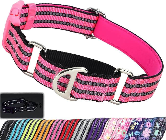 Martingale Collar for Dogs -Reflective Nylon Heavy Duty No Slip Choke Dog Collar with Padded Comfort Quick Release Buckle for Training, Walking & Overexcited Pulling Pink M