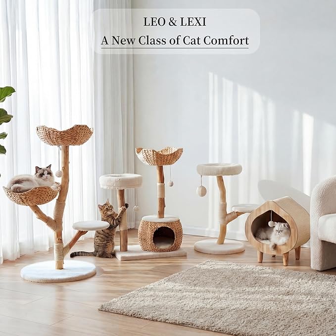 Leo & Lexi Modern Cat Tree Tower with Cave, Real Wood Cat Scratching Post with Bed for Indoor Cats Large Adult, Solid Wooden Climbing Tower, Aesthetic, Luxury Pet Furniture