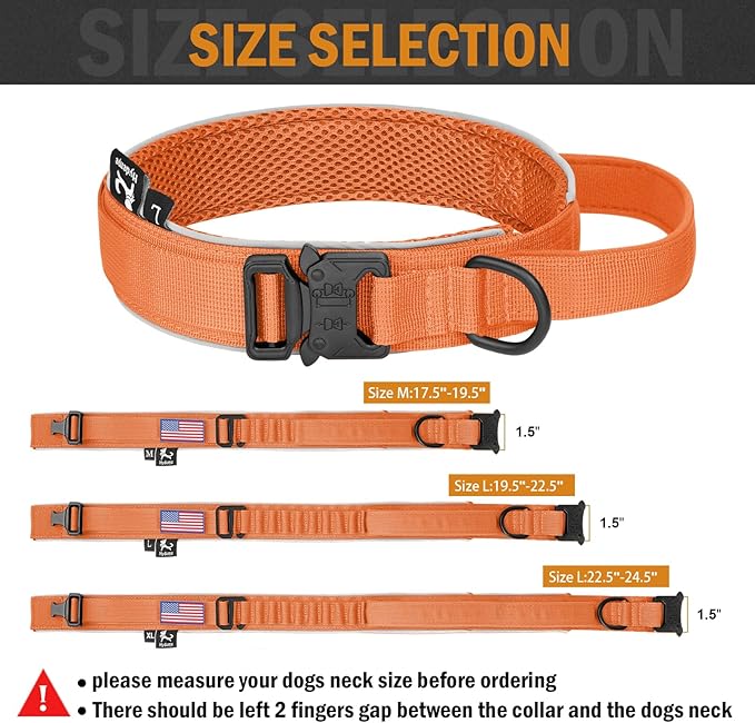 HYDEME Tactical Dog Collar, Alpine Loop Adjustable Military Training Nylon Dog Collars with Handle and Reflective for Small Medium Large Dogs, with Airtags Protective Case & Patches.(L,Orange)