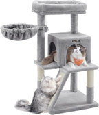 Feandrea Cat Tree, 37.8-Inch Cat Tower, Multi-Level Condo with Widened Perch, Scratching Posts and Ramp, 2-Door Cave, Hammock, Light Gray UPCT51W