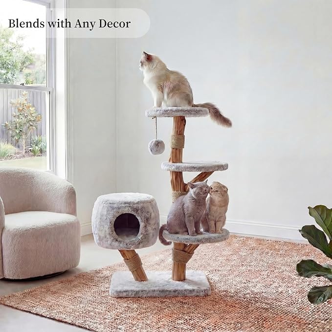 Leo & Lexi Modern Cat Tree Tower with Cave, Real Wood Cat Scratching Post with Bed for Indoor Cats Large Adult, Solid Wooden Climbing Tower, Aesthetic, Luxury Pet Furniture