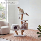 Leo & Lexi Modern Cat Tree Tower with Cave, Real Wood Cat Scratching Post with Bed for Indoor Cats Large Adult, Solid Wooden Climbing Tower, Aesthetic, Luxury Pet Furniture