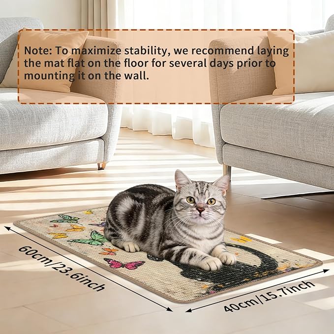 Sisal Cat Scratcher Mat Cat Wall Scratcher for Indoor Scratch Pad Wall Mounted Scratching Post to Protect Couch Carpet Furniture 23.6"x15.7" (Colorful Butterflies Cat)