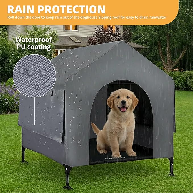 36" Dog House Outdoor Indoor with Breathable Mesh Windows, 2-in-1 Outside Dog House Elevated Dog Bed Cot Dog Tent Shade Shelter, Easy to Assemble & Clean (36 INCH)