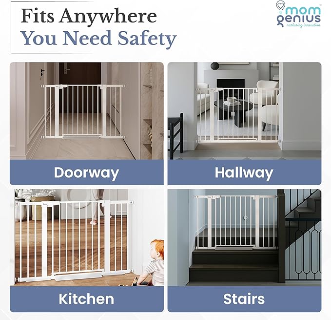 Pressure Mounted Baby Gate for Stairs, Extra Wide 29-48.8 Inch Adjustable, Auto-Close, Double Lock, 29.9" Tall Metal Dog Gates for Doorways, Kitchen & Hallways, CPC & CE Certified, White
