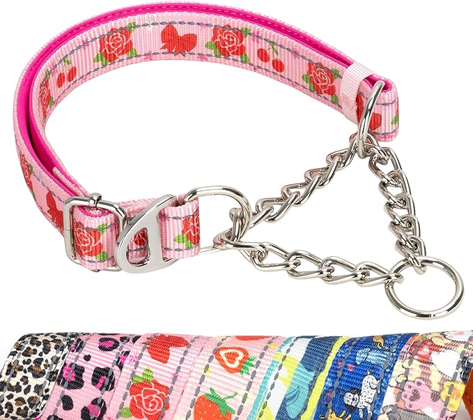 Rose Dog Collar Martingale with Chain - Reflective No-Pull Adjustable Training Collar, Floral Design for Medium, Large Dogs(XL)