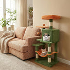 Tangkula Cat Tree Tower, 44 Inch Multi-Level Cat Tower with Sisal Scratching Posts, 2-Door Condo, Padded Top Perch & Hammock, 2 Hanging Balls, Jumping Platforms for Indoor Cats (Green & Orange)