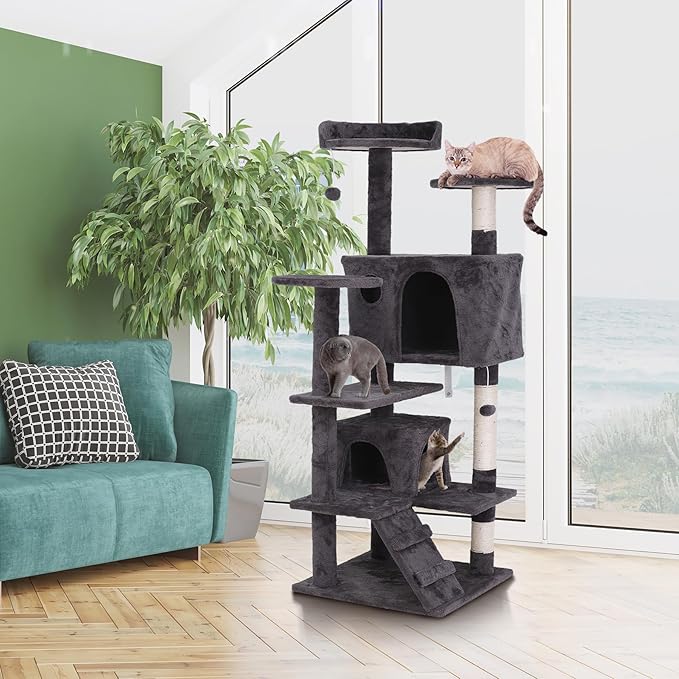 LEMY 54 Inch Cat Tree,Multi-Level Cat Tower Condo for Indoor Kittens,Dark Grey Cat House with Sisal-Covered Scratching Post for Cats to Play and Sleep