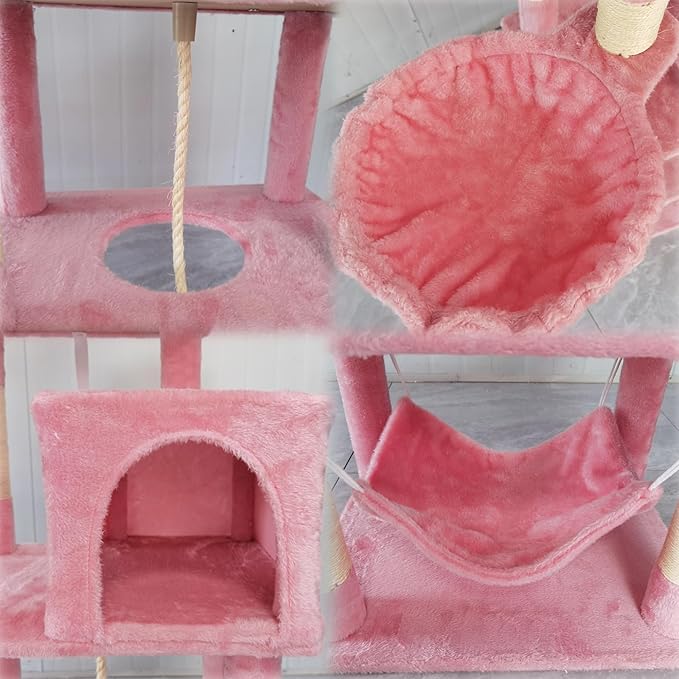 Cat Tree, 68-Inch Cat Tower for Indoor Cats, Plush Multi-Level Cat Condo with 7 Scratching Posts, 2 Perches, 2 Caves, Hammock (Pink)