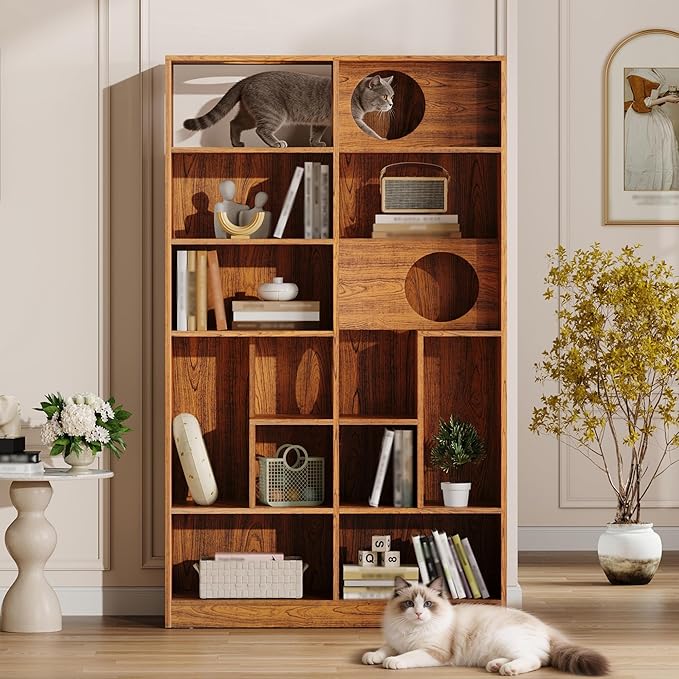 Bookcase Wooden Cat Tree, Brown Bookshelf Indoor Cat House Pet Furniture, Display Case with Storage, Cat Litter Box Enclosure Climbing Shelf