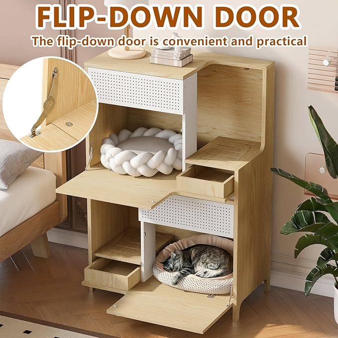 2-in-1 Modern Cat Tree Tower for Large Cats,Wooden Cat Tower with Litter Box Enclosure and Bookshelf/Storage Cabinet/Hidden Bed for Living Room Or Bedroom (Natural, 31.4")