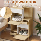 2-in-1 Modern Cat Tree Tower for Large Cats,Wooden Cat Tower with Litter Box Enclosure and Bookshelf/Storage Cabinet/Hidden Bed for Living Room Or Bedroom (Natural, 31.4")