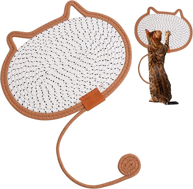 Cat Scratcher Mat Natural Cotton Rope Oval Horizontal Floor Cat Scratch Bed Pad with Ball Toy Protector for Furniture Floor Wall (Brown, 1 PC)