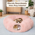 Meowfia Indoor Cat Tunnel with Donut Bed - Large Flexible Play Space for Multiple Pets - Circle or Snake Shape, Cozy Lounge (Pink)