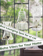 KARCEEY Macrame Cat Hammock Hanging Bed - Boho Wall Swing with Catnip Cushion for Wall Climber & Window Perch - Hardware Kit Included