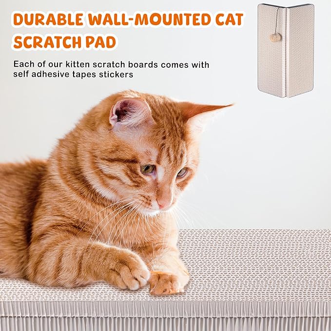 Aliceset 2 Pack 17.25 x 13 Inch Self Adhesive Wall Mounted Cat Wall Corner Scratcher Pad for Indoor Cat Kitten Scratcher Cardboard for Protector Furniture Couch Sofa with Ball Toy and Adhesive Tapes