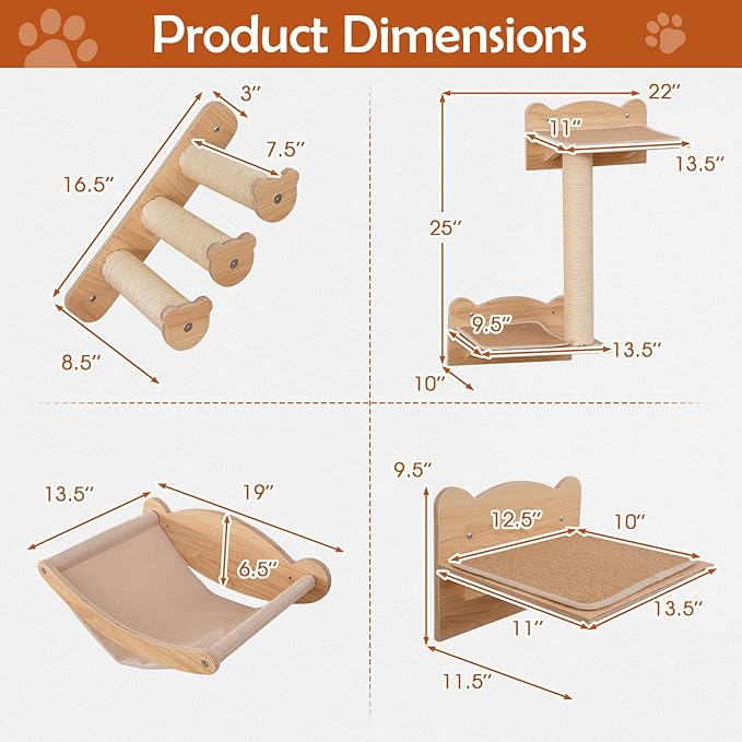 Tangkula Cat Wall Shelves, 4 Pieces Wooden Wall Mounted Kitten Furniture Set with Hammock, 2-Step Cat Tree, Non-Slip Pads, Sisal Stairs & Scratching Posts, Modern Cat Climber Steps (Natural)