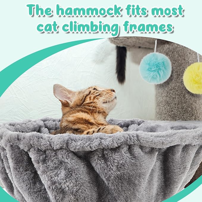 3 Pack 14.6" Large Cat Tree Hammock Basket Bed Lounger Tower Replacement Parts with 6 Pcs Hanging Elastic Strings Pom Pom Toys, Cat Tree Accessories Hammock Attachment (Gray)