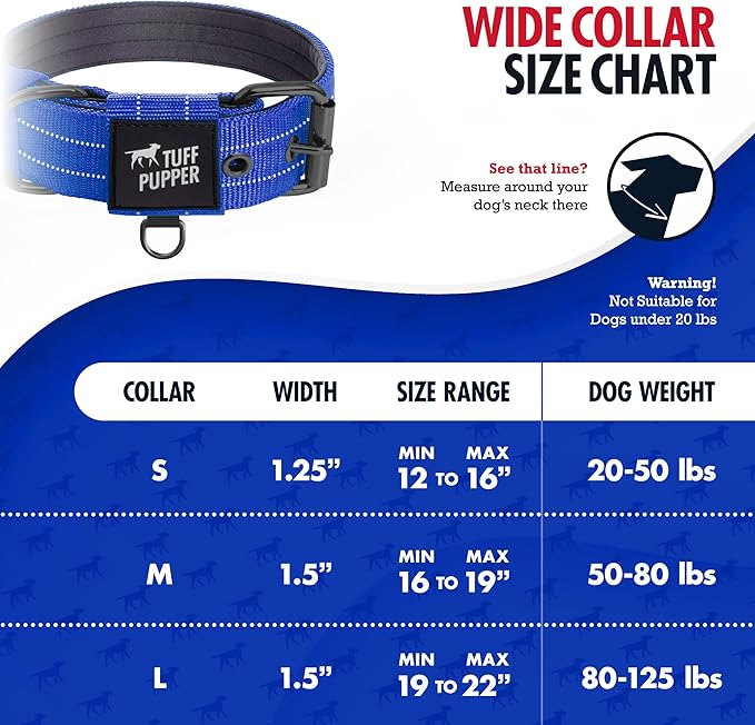 Tuff Pupper Heavy Duty Tactical Dog Collar | 1.5" Wide Ballistic Nylon | Reflective Stitching | Integrated ID Tag Holder | Stainless Steel Buckle | Padded Lining | Medium & Large Dogs (Blue, Large)