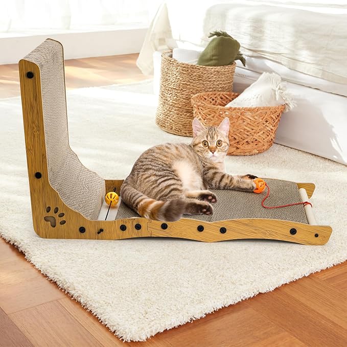 L Shape Cat Scratcher, 26.8" Vertical Cat Scratching Board with Ball Toy, Large Wall Mounted Curving Scratching Ramp, Tall Standing Cat Scratch Pad, Wall Furniture Protector for Indoor Cats