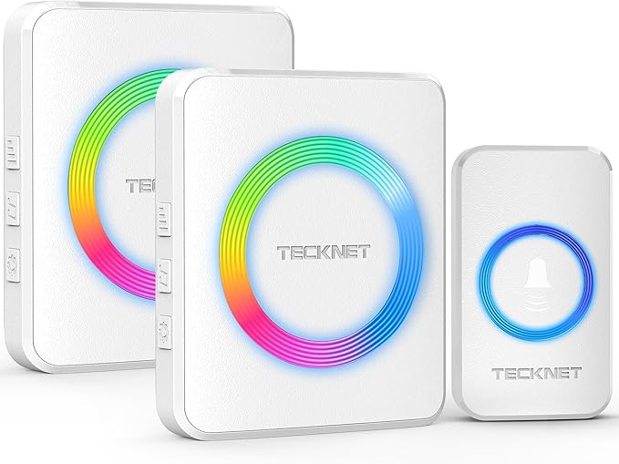 TECKNET Wireless Doorbells for Home, IP65 Waterproof Door Bell 1300ft Range, 0-120dB Classroom Doorbell Kits with 60 Chimes & 5 Volume Levels, RGB Flashing for Hearing Impaired with 2 Receivers,White