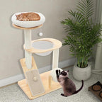 Cat Tree Tower, Wooden Cat Tree with Scratching Ball & Capsule Bed, Modern Multifunctional Cat Tower, Natural Rubberwood & Sisal Construction with Sloped Scratching Pad for Indoor Cats