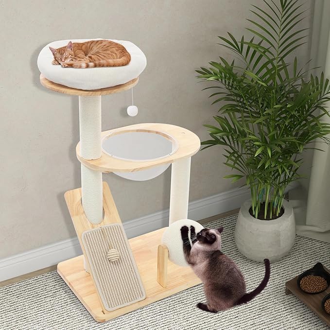 Cat Tree Tower, Wooden Cat Tree with Scratching Ball & Capsule Bed, Modern Multifunctional Cat Tower, Natural Rubberwood & Sisal Construction with Sloped Scratching Pad for Indoor Cats
