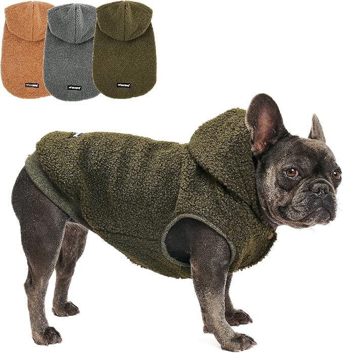 Tuff Pupper Fleece Dog Hoodie Sweater | Teddy Sherpa Outer & Soft Polar Fleece Lining | Adjustable Fit Winter Coat with Hood, Leash Hole, Ribbed Cuffs | for Small Medium Large XL XXL Dogs (Olive, S)